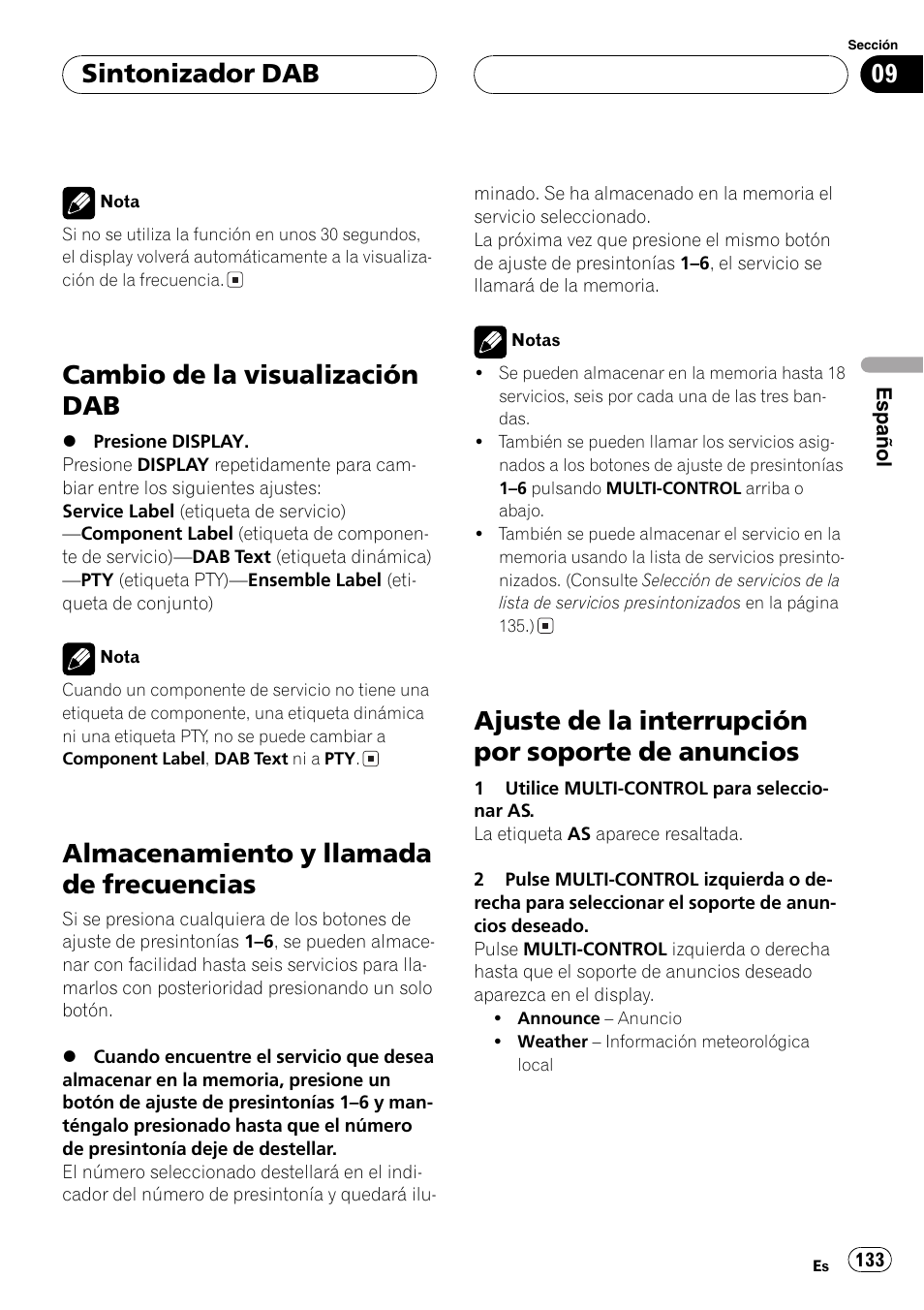 Cambio de la visualización dab 133, Almacenamiento y llamada de, Frecuencias 133 | Ajuste de la interrupción por soporte de, Anuncios 133, Cambio de la visualización dab, Almacenamiento y llamada de frecuencias, Ajuste de la interrupción por soporte de anuncios, Sintonizador dab | Pioneer DEH-P8600MP User Manual | Page 133 / 179