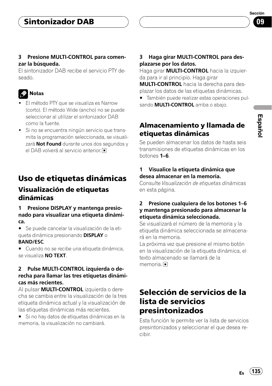 Uso de etiquetas dinámicas 135, Visualización de etiquetas, Dinámicas 135 | Almacenamiento y llamada de, Etiquetas dinámicas 135, Selección de servicios de la lista de servicios, Presintonizados 135, Uso de etiquetas dinámicas, Sintonizador dab | Pioneer DEH-P8600MP User Manual | Page 135 / 179