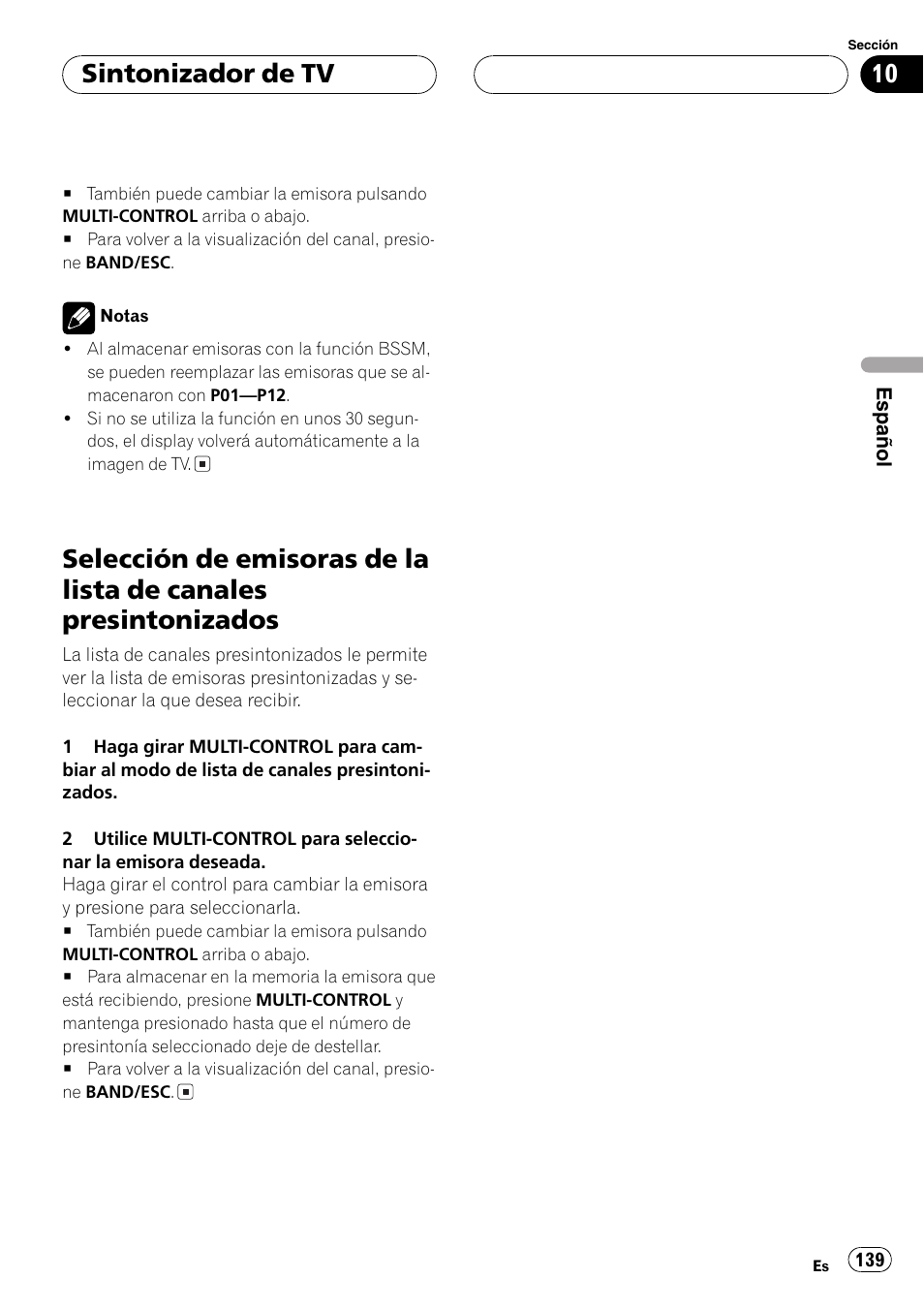 Selección de emisoras de la lista de canales, Presintonizados 139, Sintonizador de tv | Pioneer DEH-P8600MP User Manual | Page 139 / 179