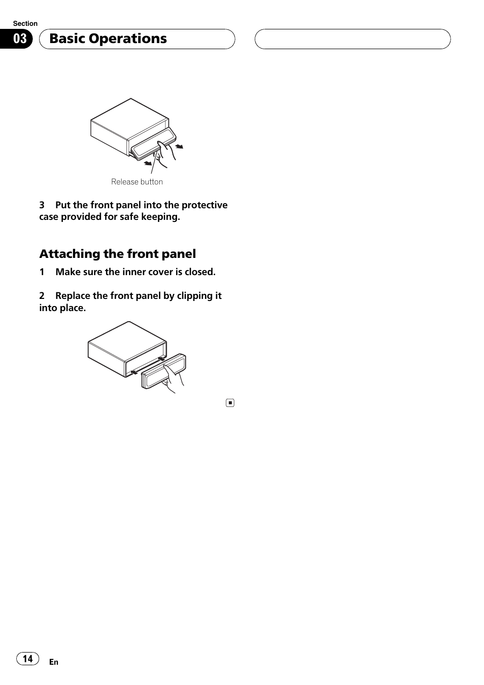 Attaching the front panel 14, Basic operations | Pioneer DEH-P8600MP User Manual | Page 14 / 179