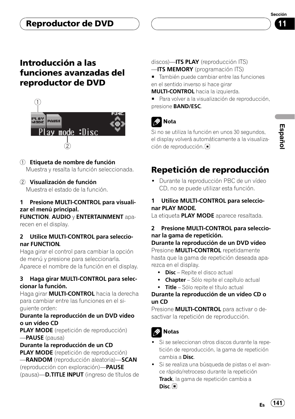 Introducción a las funciones avanzadas del, Reproductor de dvd 141, Repetición de reproducción 141 | Repetición de reproducción, Reproductor de dvd | Pioneer DEH-P8600MP User Manual | Page 141 / 179