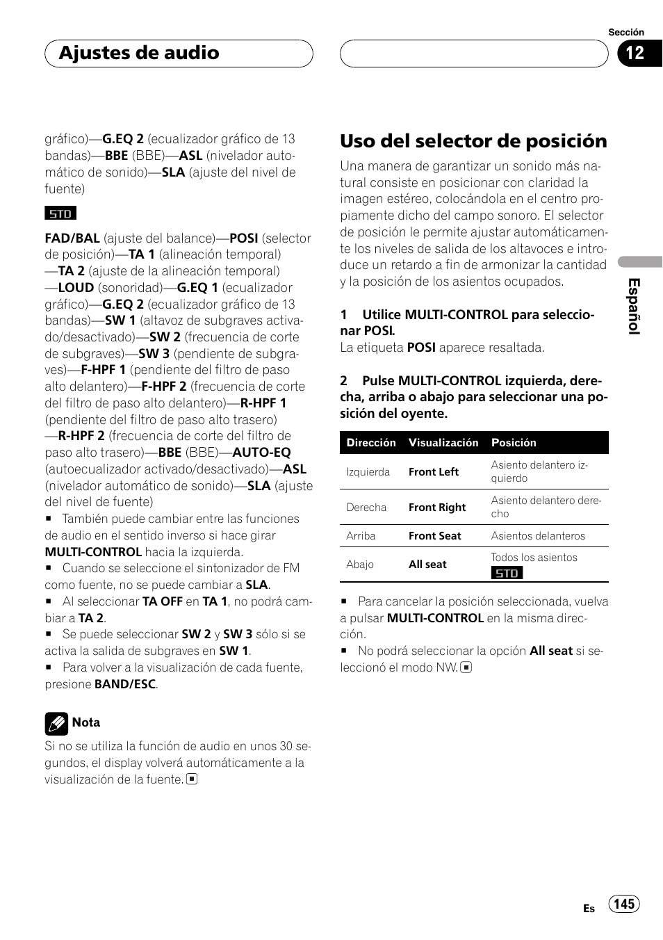 Uso del selector de posición 145, Uso del selector de posición, Ajustes de audio | Pioneer DEH-P8600MP User Manual | Page 145 / 179