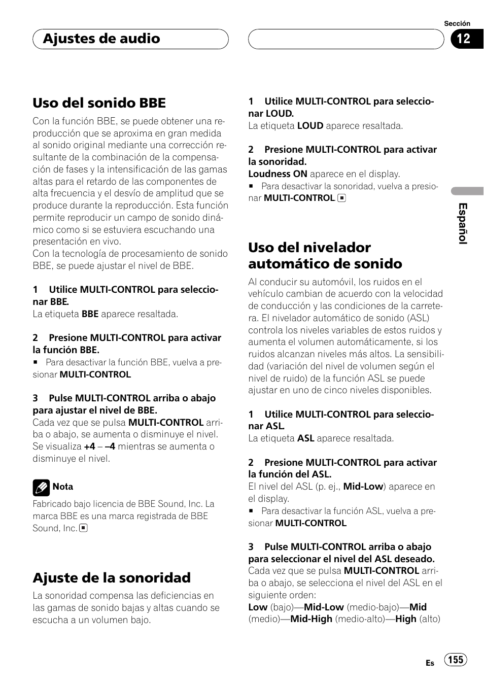 Uso del sonido bbe 155, Ajuste de la sonoridad 155, Uso del nivelador automático de sonido 155 | Uso del sonido bbe, Ajuste de la sonoridad, Uso del nivelador automático de sonido, Ajustes de audio | Pioneer DEH-P8600MP User Manual | Page 155 / 179