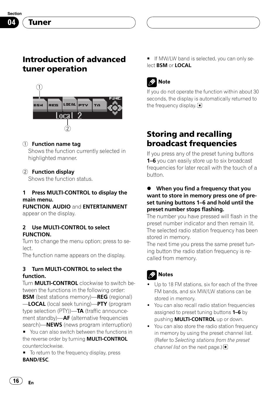 Introduction of advanced tuner, Operation 16, Storing and recalling broadcast | Frequencies 16, Introduction of advanced tuner operation, Storing and recalling broadcast frequencies, Tuner | Pioneer DEH-P8600MP User Manual | Page 16 / 179