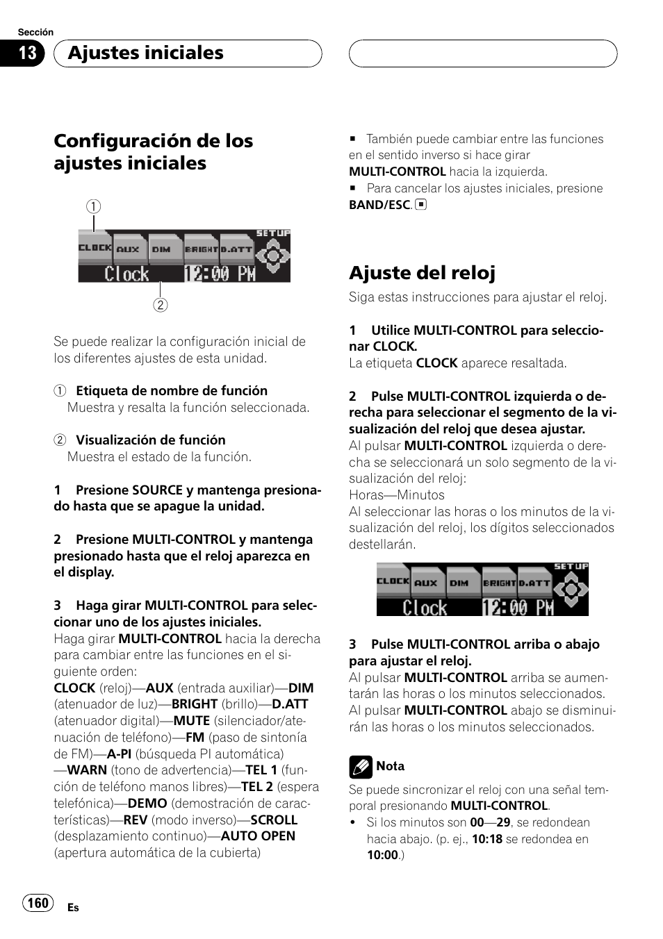 Ajustes iniciales, Configuración de los ajustes iniciales 160, Ajuste del reloj 160 | Configuración de los ajustes iniciales, Ajuste del reloj | Pioneer DEH-P8600MP User Manual | Page 160 / 179