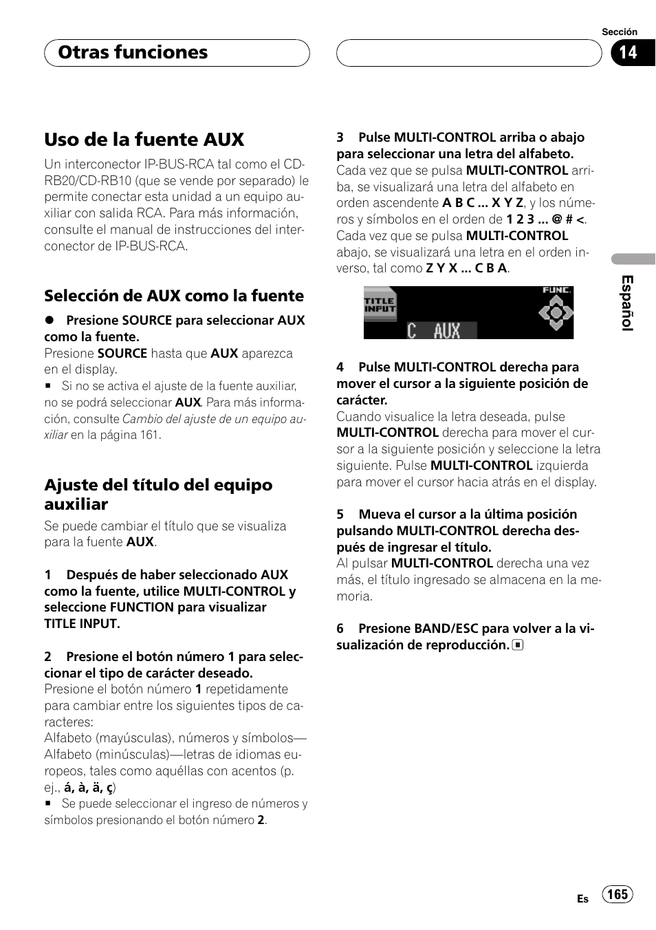 Otras funciones, Uso de la fuente aux 165, Selección de aux como la | Fuente 165, Ajuste del título del equipo, Auxiliar 165, Uso de la fuente aux, Selección de aux como la fuente, Ajuste del título del equipo auxiliar | Pioneer DEH-P8600MP User Manual | Page 165 / 179