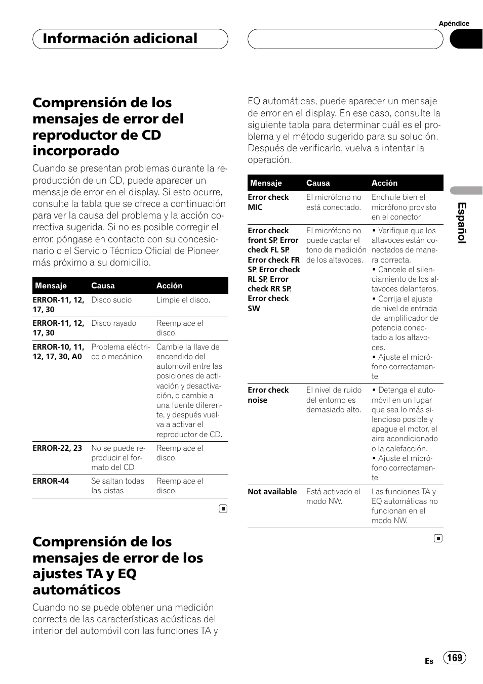 Información adicional, Comprensión de los mensajes de error del, Reproductor de cd incorporado 169 | Comprensión de los mensajes de error de los, Ajustes ta y eq automáticos 169, Español | Pioneer DEH-P8600MP User Manual | Page 169 / 179