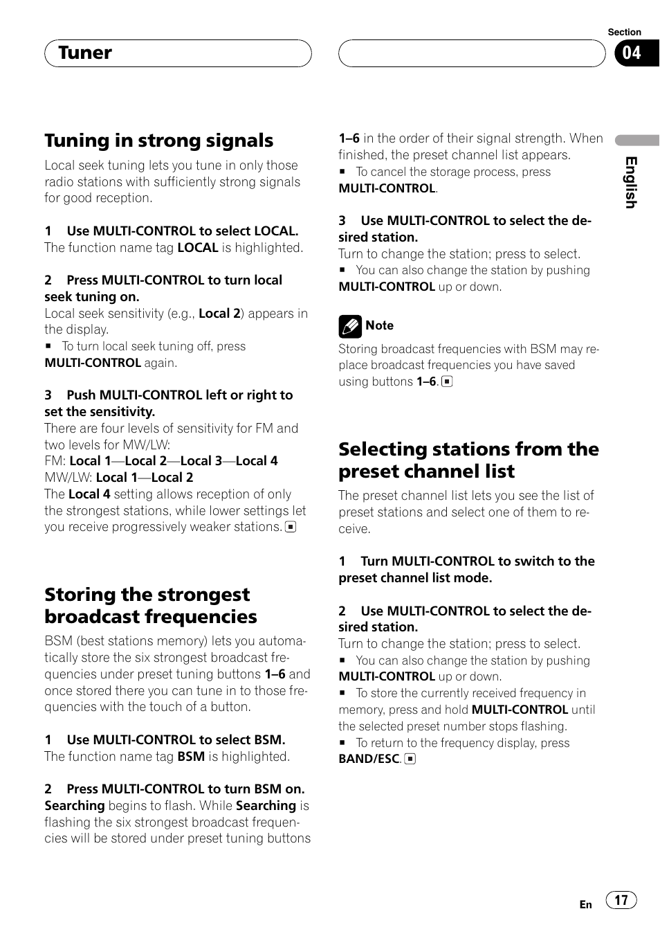 Tuning in strong signals 17, Storing the strongest broadcast, Frequencies 17 | Selecting stations from the preset channel, List 17, Tuning in strong signals, Storing the strongest broadcast frequencies, Selecting stations from the preset channel list, Tuner | Pioneer DEH-P8600MP User Manual | Page 17 / 179