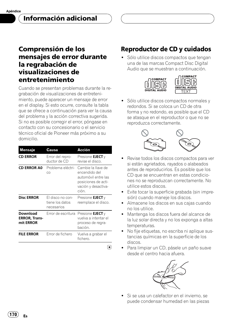 Comprensión de los mensajes de error, Durante la regrabación de visualizaciones, De entretenimiento 170 | Reproductor de cd y cuidados 170, Reproductor de cd y cuidados, Información adicional | Pioneer DEH-P8600MP User Manual | Page 170 / 179