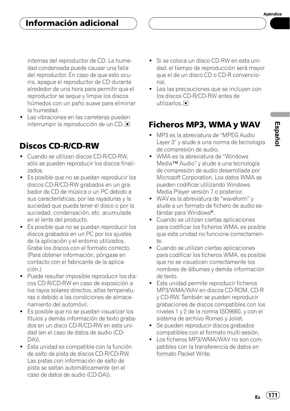 Discos cd-r/cd-rw 171, Ficheros mp3, wma y wav 171, Discos cd-r/cd-rw | Ficheros mp3, wma y wav, Información adicional | Pioneer DEH-P8600MP User Manual | Page 171 / 179