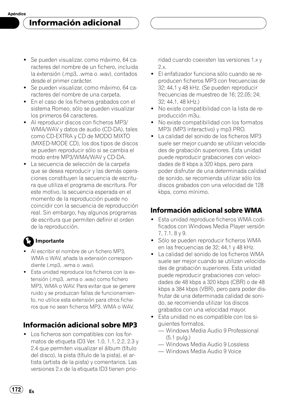 Información adicional sobre, Mp3 172, Wma 172 | Información adicional, Información adicional sobre mp3, Información adicional sobre wma | Pioneer DEH-P8600MP User Manual | Page 172 / 179