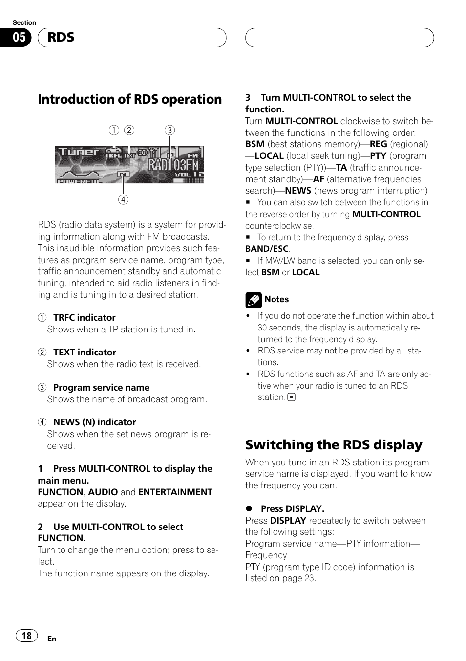 Introduction of rds operation, Switching the rds display | Pioneer DEH-P8600MP User Manual | Page 18 / 179