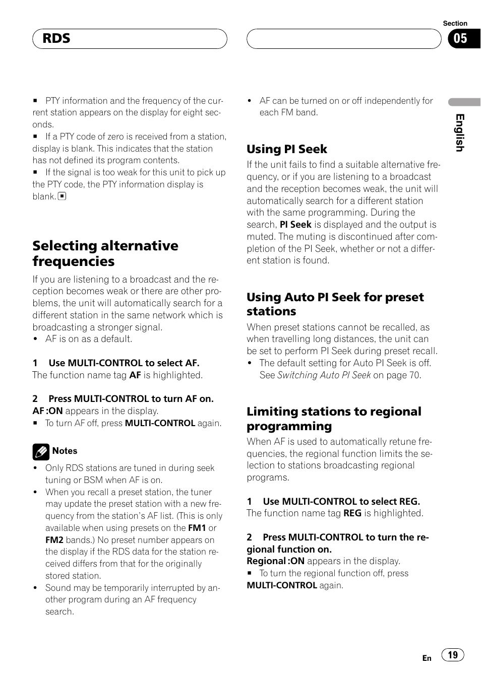 Selecting alternative frequencies 19, Using pi seek 19, Using auto pi seek for preset | Stations 19, Limiting stations to regional, Programming 19, Selecting alternative frequencies | Pioneer DEH-P8600MP User Manual | Page 19 / 179