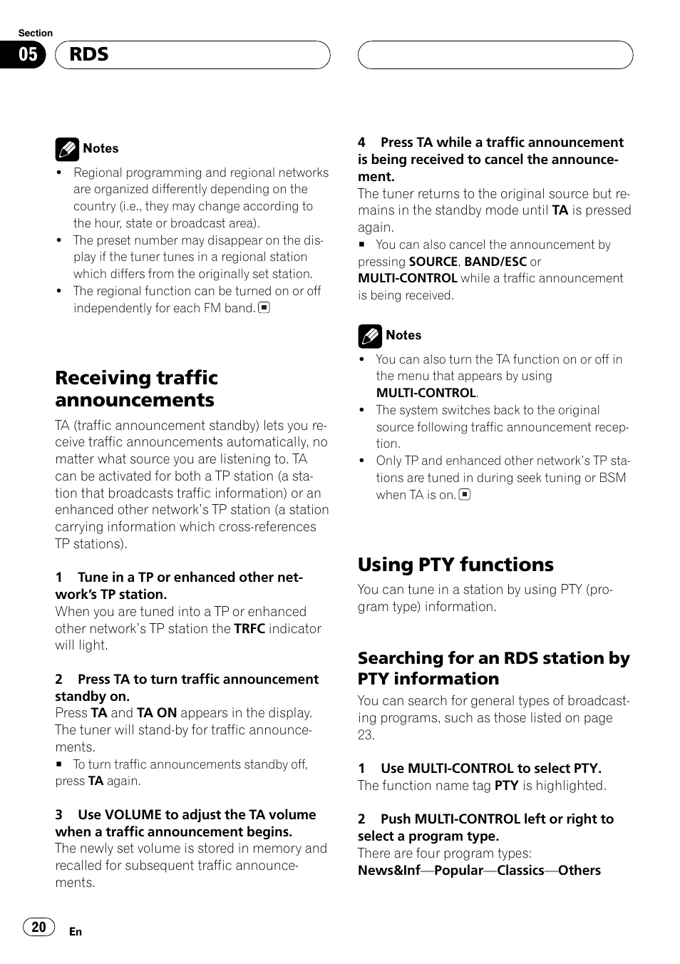 Searching for an rds station by pty, Information 20, Receiving traffic announcements | Using pty functions, Searching for an rds station by pty information | Pioneer DEH-P8600MP User Manual | Page 20 / 179