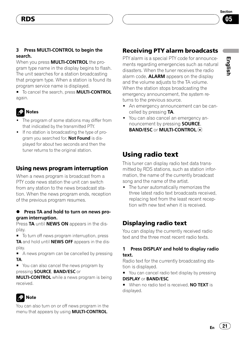 Using news program interruption 21, Receiving pty alarm broadcasts 21, Using radio text 21 | Displaying radio text 21, Using radio text, Using news program interruption, Receiving pty alarm broadcasts, Displaying radio text | Pioneer DEH-P8600MP User Manual | Page 21 / 179