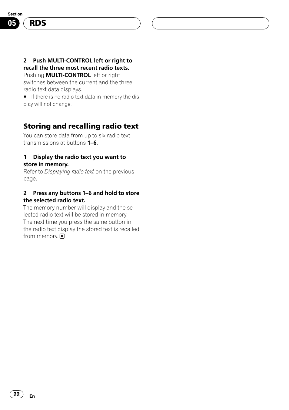 Storing and recalling radio text 22, Storing and recalling radio text | Pioneer DEH-P8600MP User Manual | Page 22 / 179