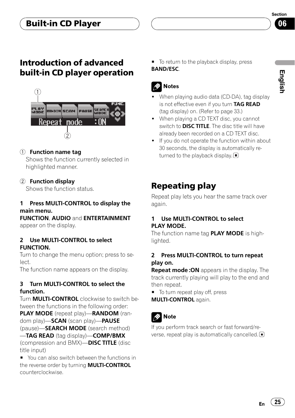 Introduction of advanced built-in cd player, Operation 25, Repeating play 25 | Repeating play, Built-in cd player | Pioneer DEH-P8600MP User Manual | Page 25 / 179