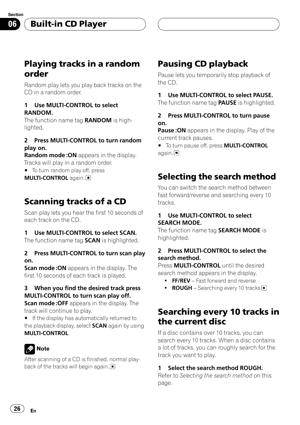 Disc 26, Playing tracks in a random order, Scanning tracks of a cd | Pausing cd playback, Selecting the search method, Searching every 10 tracks in the current disc, Built-in cd player | Pioneer DEH-P8600MP User Manual | Page 26 / 179