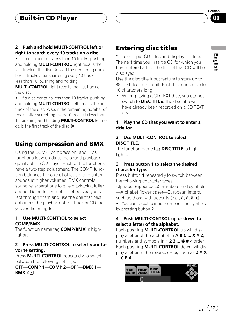 Using compression and bmx, Entering disc titles, Built-in cd player | Pioneer DEH-P8600MP User Manual | Page 27 / 179