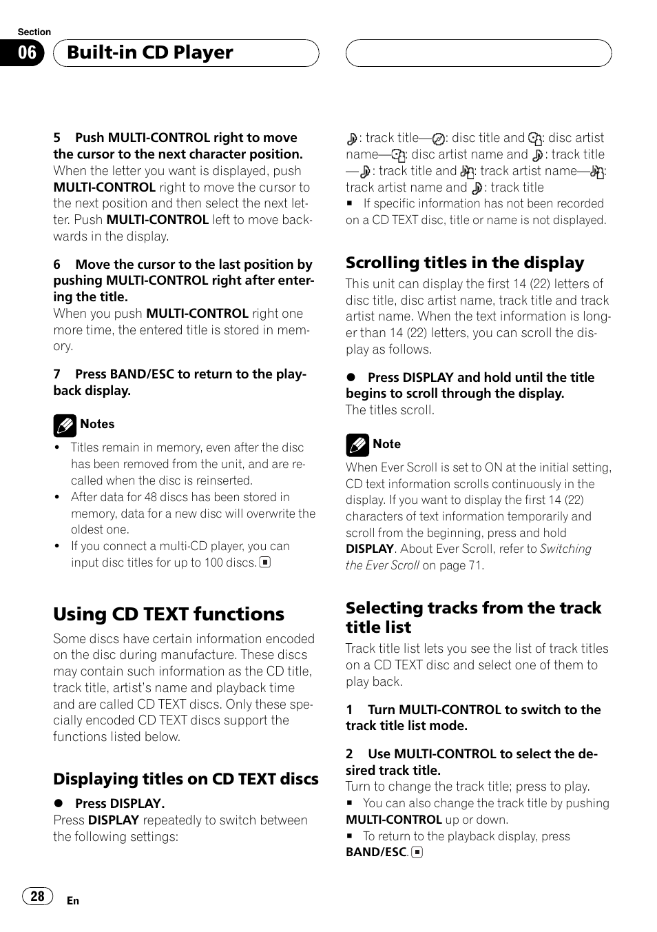 Using cd text functions 28, Displaying titles on cd text, Discs 28 | Scrolling titles in the display 28, Selecting tracks from the track title, List 28, Using cd text functions, Built-in cd player, Displaying titles on cd text discs, Scrolling titles in the display | Pioneer DEH-P8600MP User Manual | Page 28 / 179