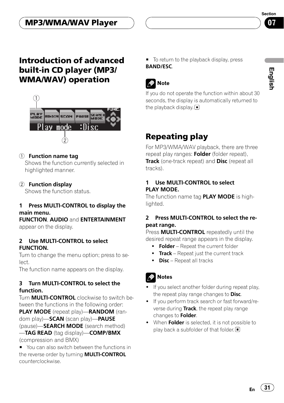 Introduction of advanced built-in cd player, Mp3/wma/wav) operation 31, Repeating play 31 | Repeating play, Mp3/wma/wav player | Pioneer DEH-P8600MP User Manual | Page 31 / 179