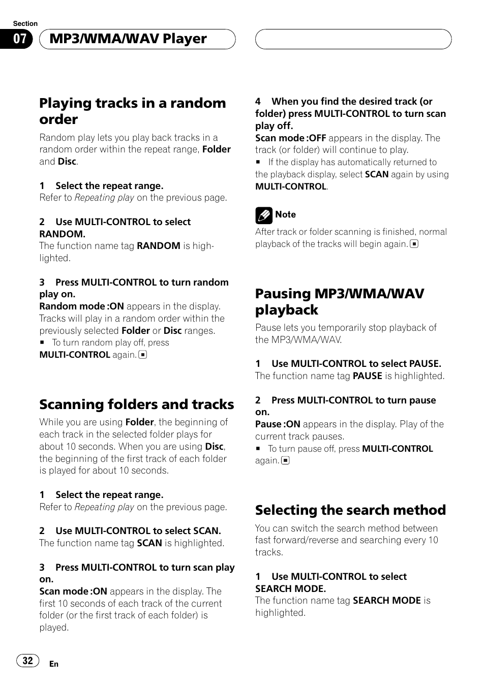 Playing tracks in a random order, Scanning folders and tracks, Pausing mp3/wma/wav playback | Selecting the search method, Mp3/wma/wav player | Pioneer DEH-P8600MP User Manual | Page 32 / 179