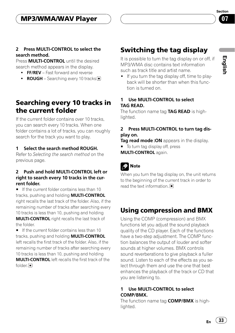 Searching every 10 tracks in the current, Folder 33, Searching every 10 tracks in the current folder | Switching the tag display, Using compression and bmx, Mp3/wma/wav player | Pioneer DEH-P8600MP User Manual | Page 33 / 179