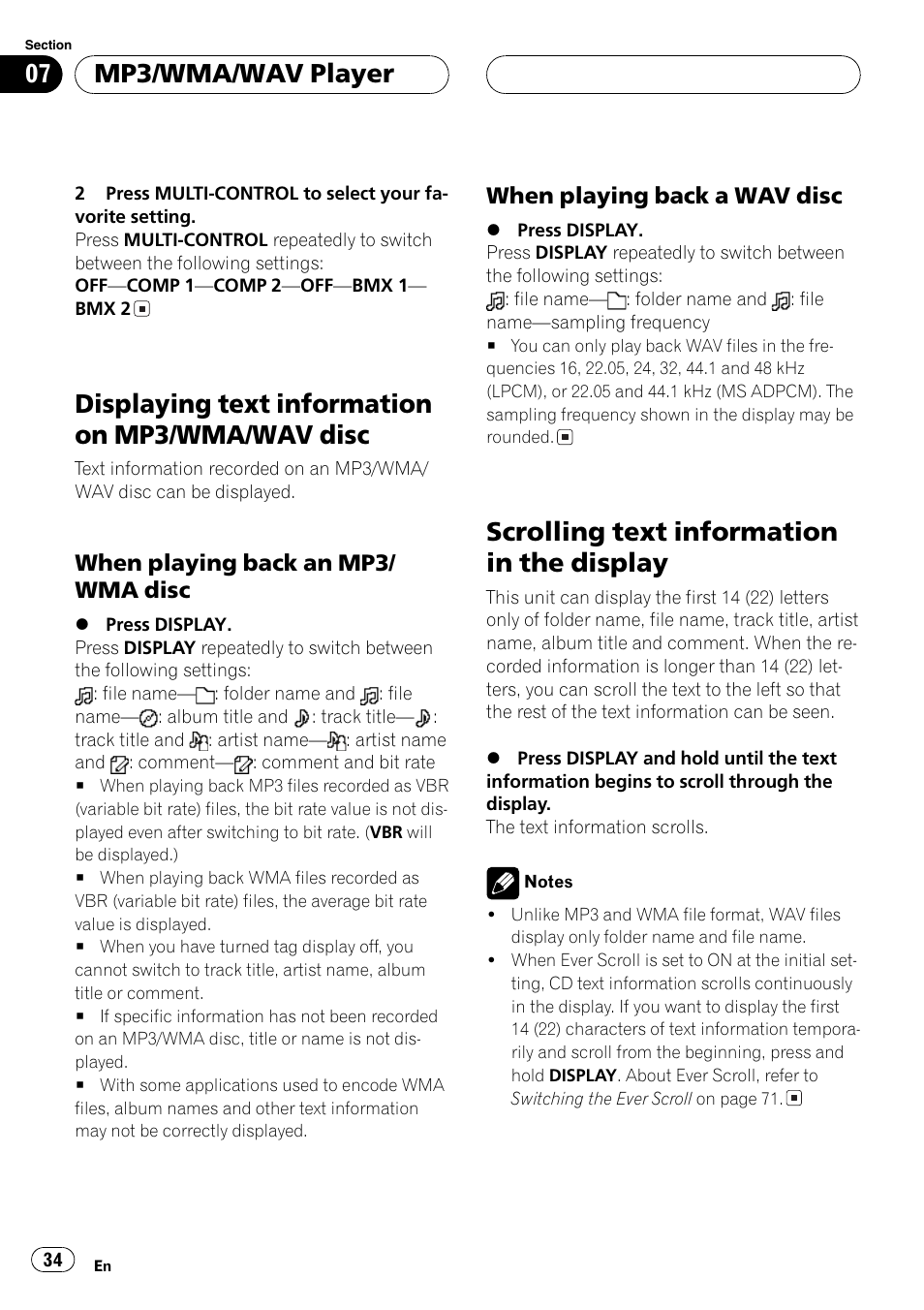 Displaying text information on mp3/wma, Wav disc 34, When playing back an mp3/wma | Disc 34, When playing back a wav disc 34, Scrolling text information in the display 34, Displaying text information on mp3/wma/wav disc, Scrolling text information in the display, Mp3/wma/wav player | Pioneer DEH-P8600MP User Manual | Page 34 / 179