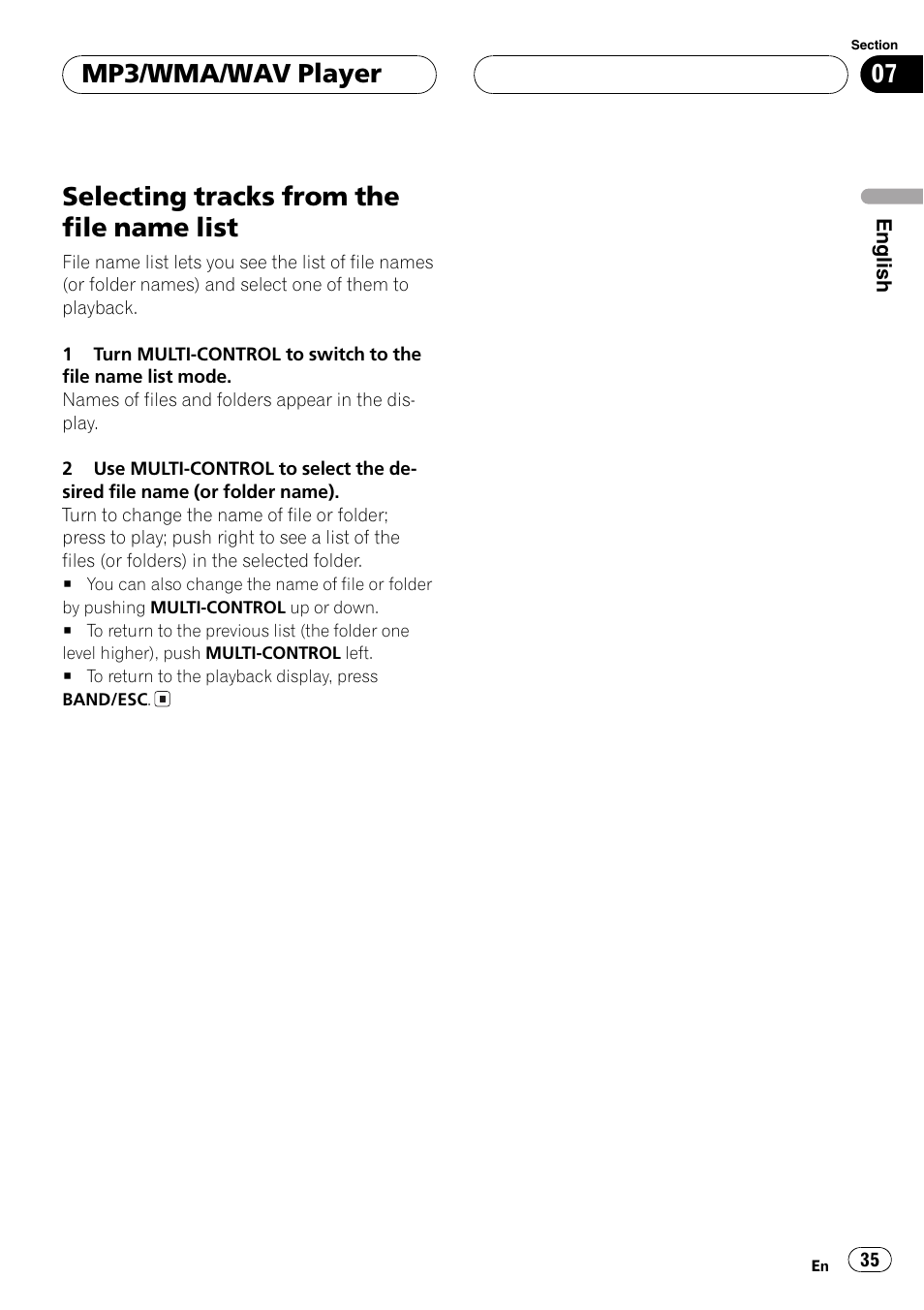 Selecting tracks from the file name list 35, Selecting tracks from the file name list, Mp3/wma/wav player | Pioneer DEH-P8600MP User Manual | Page 35 / 179