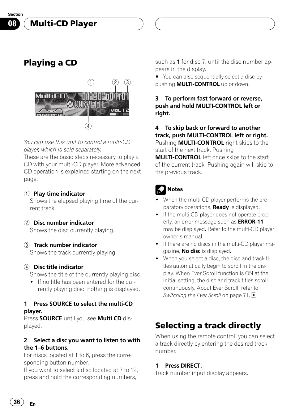 Playing a cd, Selecting a track directly, Multi-cd player | Pioneer DEH-P8600MP User Manual | Page 36 / 179