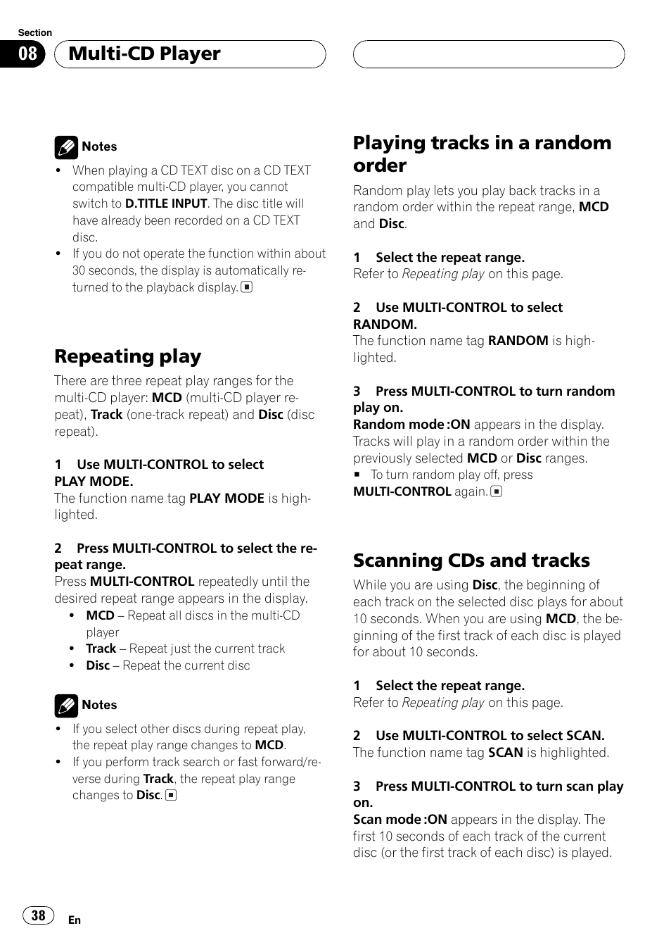 Repeating play, Playing tracks in a random order, Scanning cds and tracks | Multi-cd player | Pioneer DEH-P8600MP User Manual | Page 38 / 179