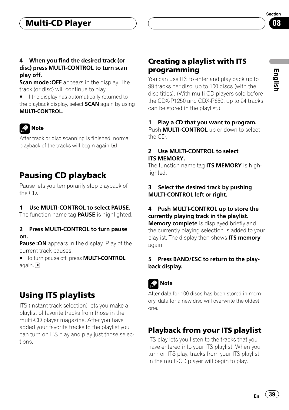 Pausing cd playback 39 using its playlists 39, Creating a playlist with its, Programming 39 | Playback from your its playlist 39, Pausing cd playback, Using its playlists, Multi-cd player, Creating a playlist with its programming, Playback from your its playlist | Pioneer DEH-P8600MP User Manual | Page 39 / 179