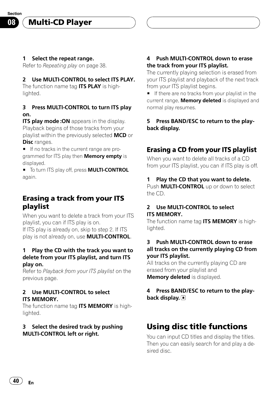 Erasing a track from your its, Playlist 40, Erasing a cd from your its | Using disc title functions 40, Using disc title functions, Multi-cd player, Erasing a track from your its playlist, Erasing a cd from your its playlist | Pioneer DEH-P8600MP User Manual | Page 40 / 179