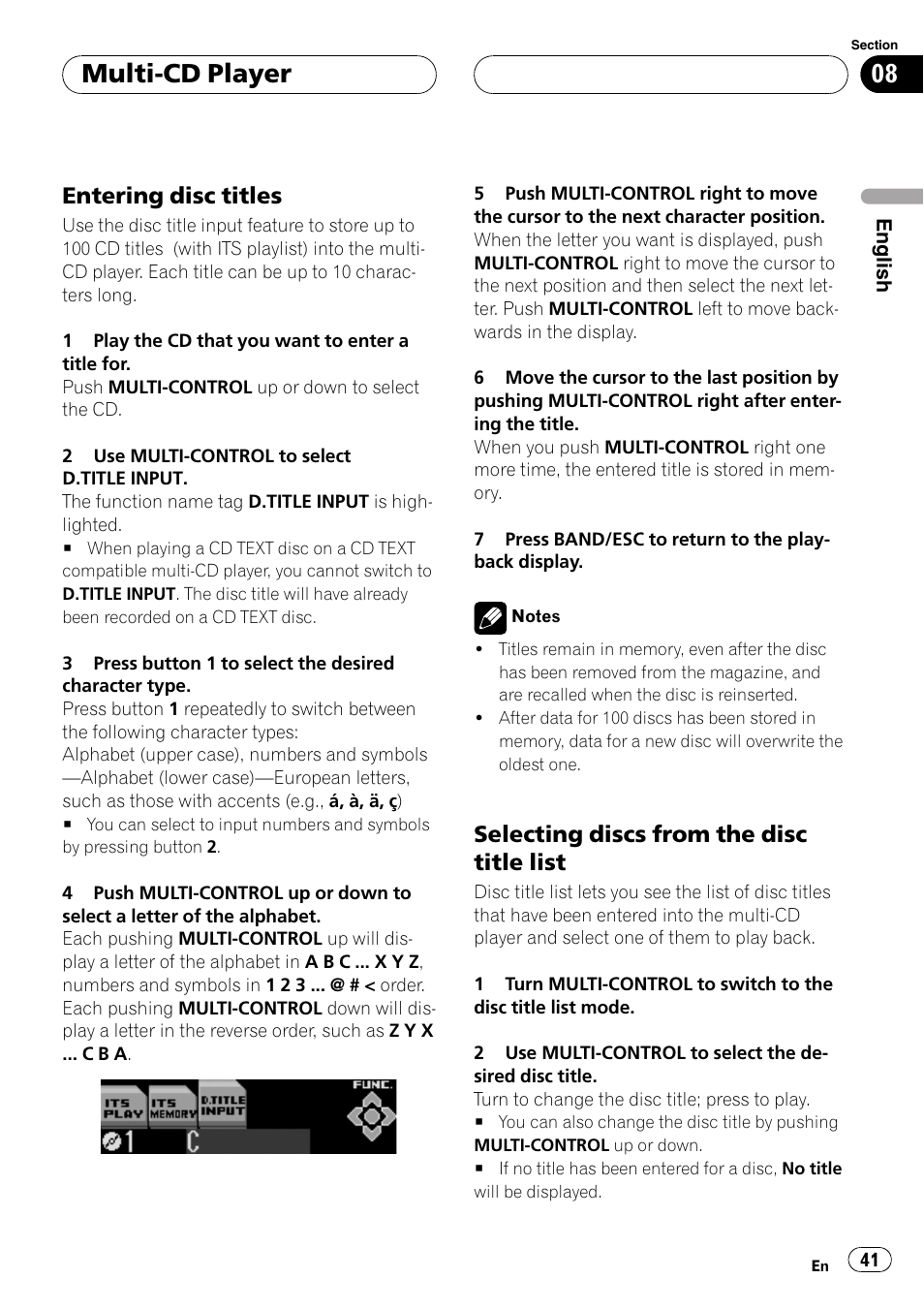 Entering disc titles 41, Selecting discs from the disc title, List 41 | Multi-cd player, Entering disc titles, Selecting discs from the disc title list | Pioneer DEH-P8600MP User Manual | Page 41 / 179
