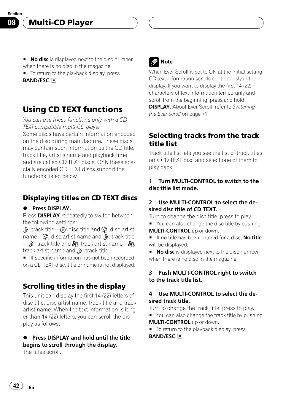 Using cd text functions 42, Displaying titles on cd text, Discs 42 | Scrolling titles in the display 42, Selecting tracks from the track title, List 42, Using cd text functions, Multi-cd player, Displaying titles on cd text discs, Scrolling titles in the display | Pioneer DEH-P8600MP User Manual | Page 42 / 179