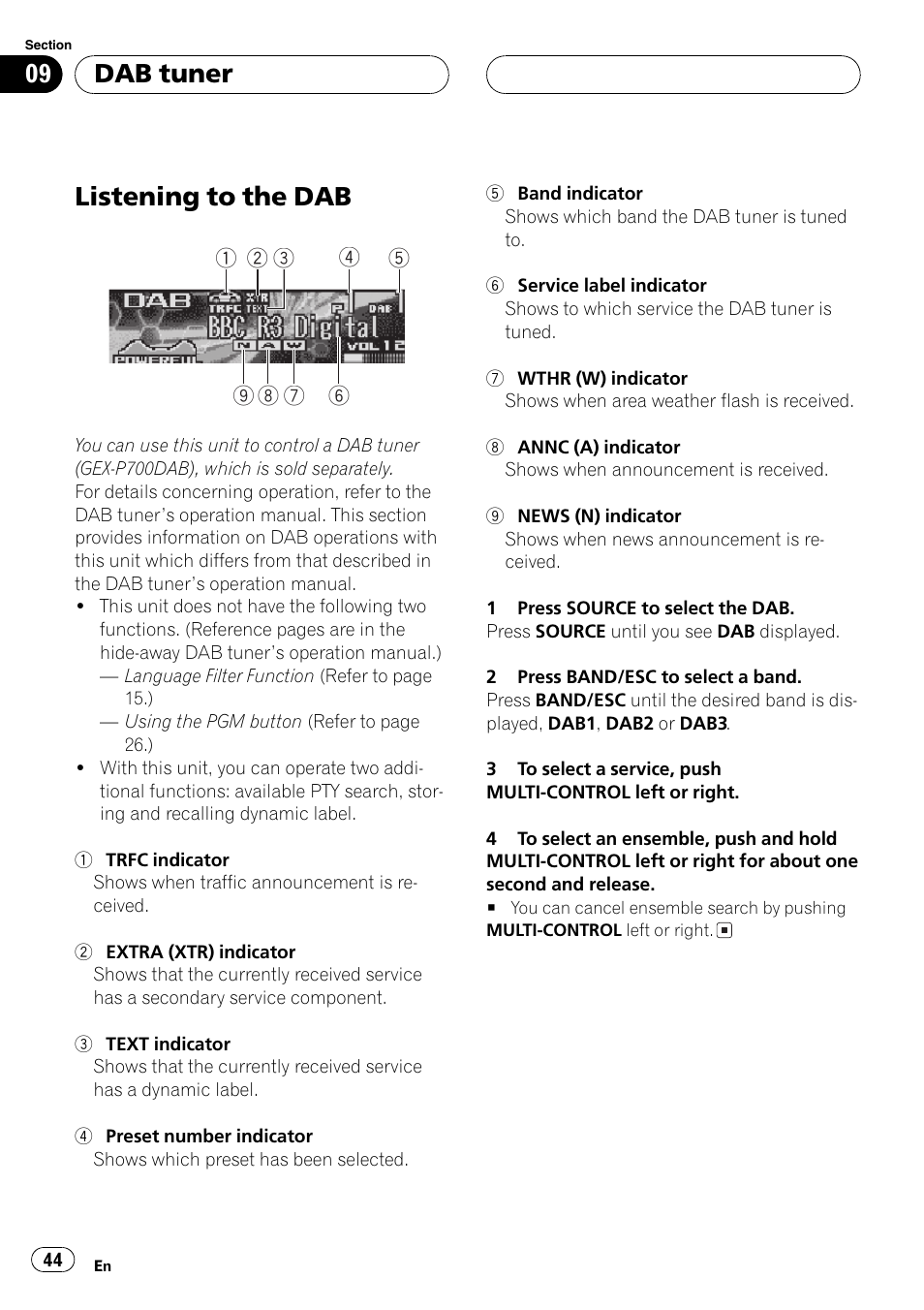 Dab tuner listening to the dab 44, Listening to the dab, Dab tuner | Pioneer DEH-P8600MP User Manual | Page 44 / 179