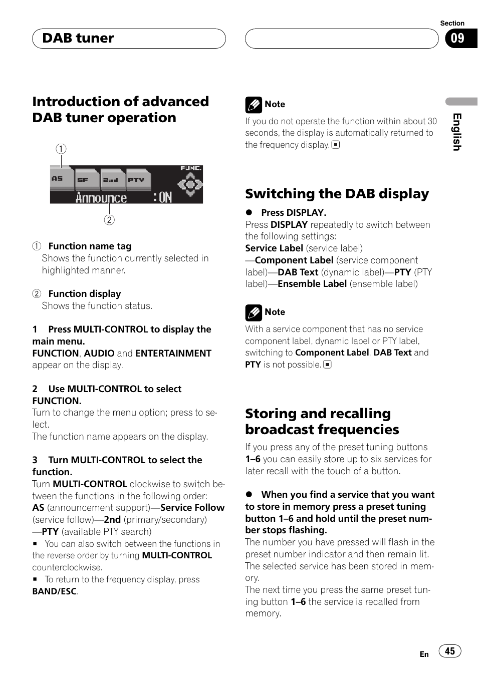 Introduction of advanced dab tuner, Operation 45, Frequencies 45 | Introduction of advanced dab tuner operation, Switching the dab display, Storing and recalling broadcast frequencies, Dab tuner | Pioneer DEH-P8600MP User Manual | Page 45 / 179