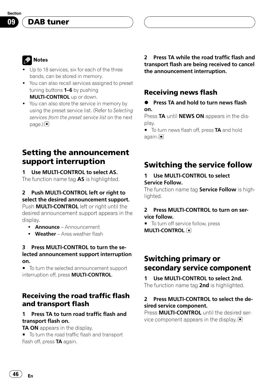 Setting the announcement support, Interruption 46, Receiving the road traffic flash and | Transport flash 46, Receiving news flash 46, Component 46, Setting the announcement support interruption, Switching the service follow, Switching primary or secondary service component, Dab tuner | Pioneer DEH-P8600MP User Manual | Page 46 / 179
