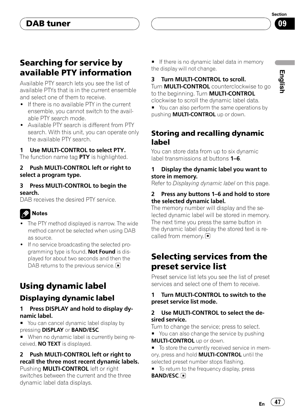 Searching for service by available pty, Information 47, Using dynamic label 47 | Displaying dynamic label 47, Storing and recalling dynamic, Label 47, Selecting services from the preset service, List 47, Searching for service by available pty information, Using dynamic label | Pioneer DEH-P8600MP User Manual | Page 47 / 179