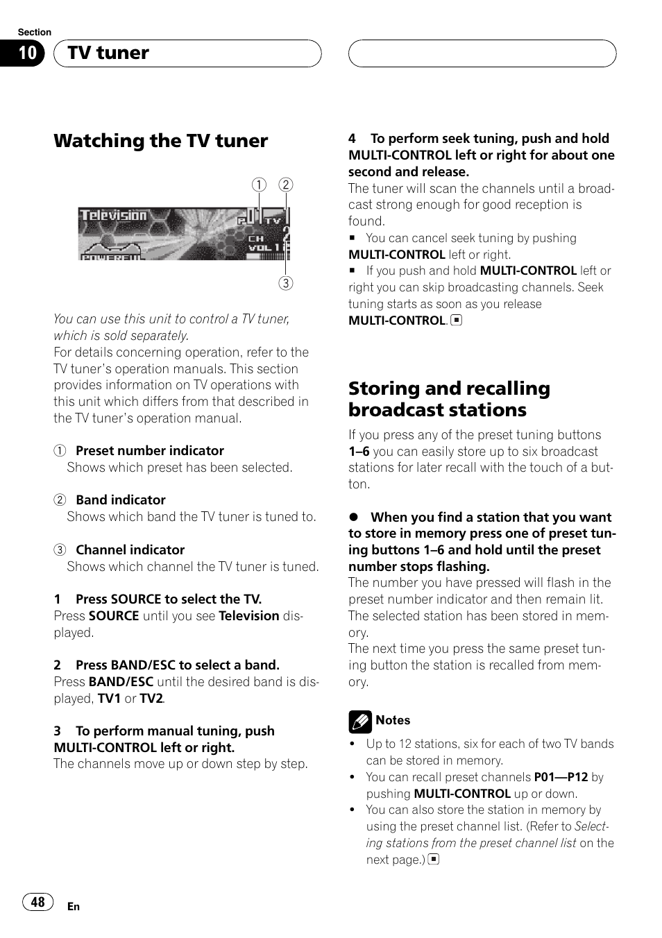 Watching the tv tuner, Storing and recalling broadcast stations, Tv tuner | Pioneer DEH-P8600MP User Manual | Page 48 / 179