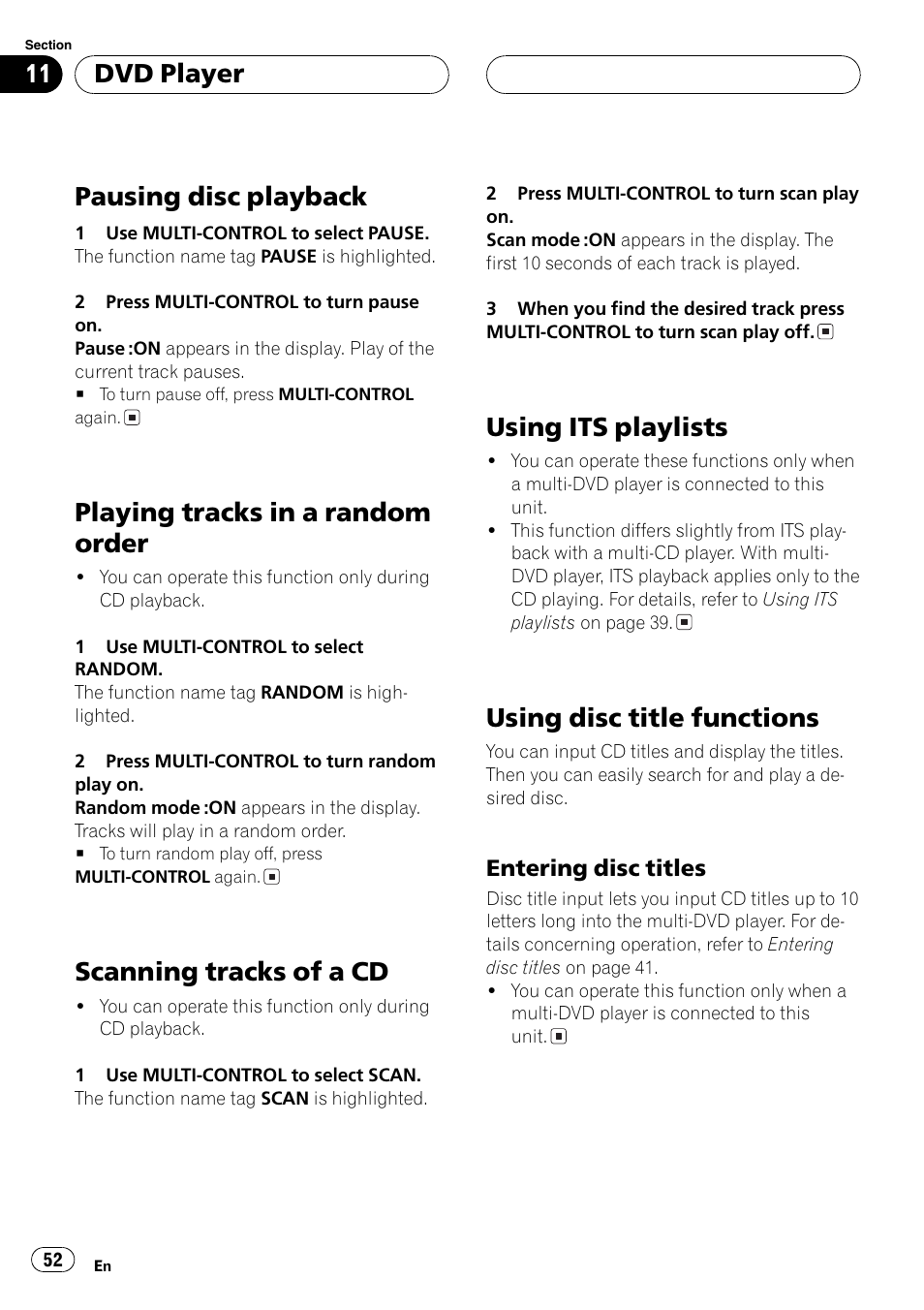 Entering disc titles 52, Pausing disc playback, Playing tracks in a random order | Scanning tracks of a cd, Using its playlists, Using disc title functions, Dvd player | Pioneer DEH-P8600MP User Manual | Page 52 / 179