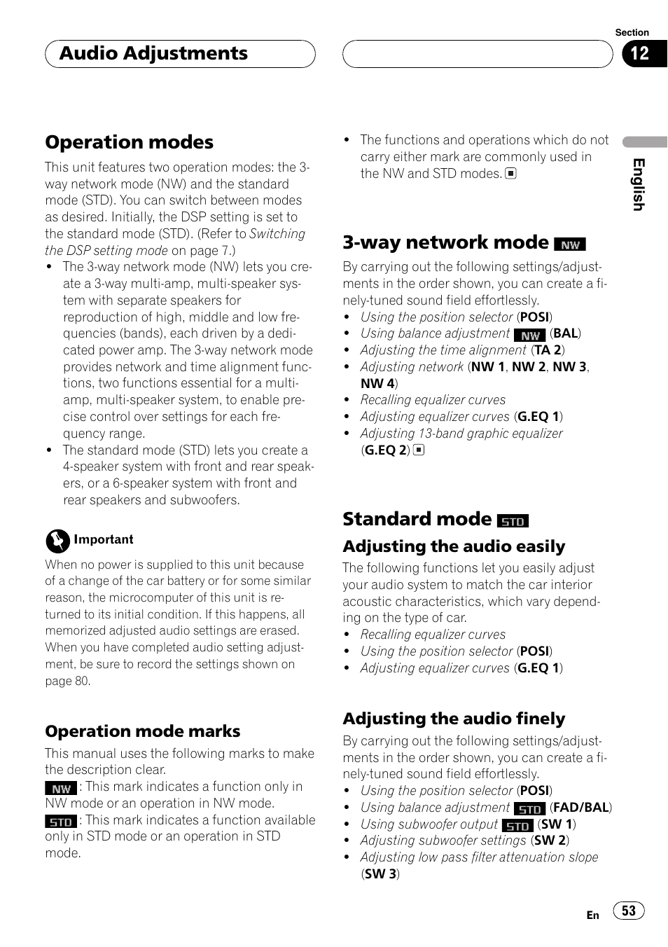 Audio adjustments operation modes 53, Operation mode marks 53, Way network mode | Standard mode, Adjusting the audio easily 53, Adjusting the audio finely 53, Operation modes, Audio adjustments | Pioneer DEH-P8600MP User Manual | Page 53 / 179