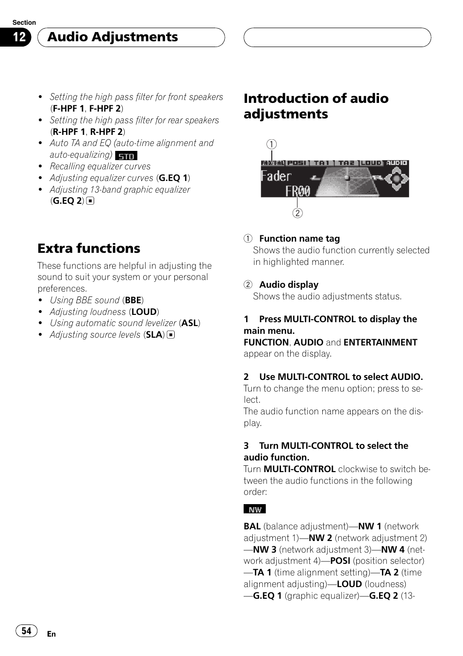 Extra functions, Introduction of audio adjustments, Audio adjustments | Pioneer DEH-P8600MP User Manual | Page 54 / 179