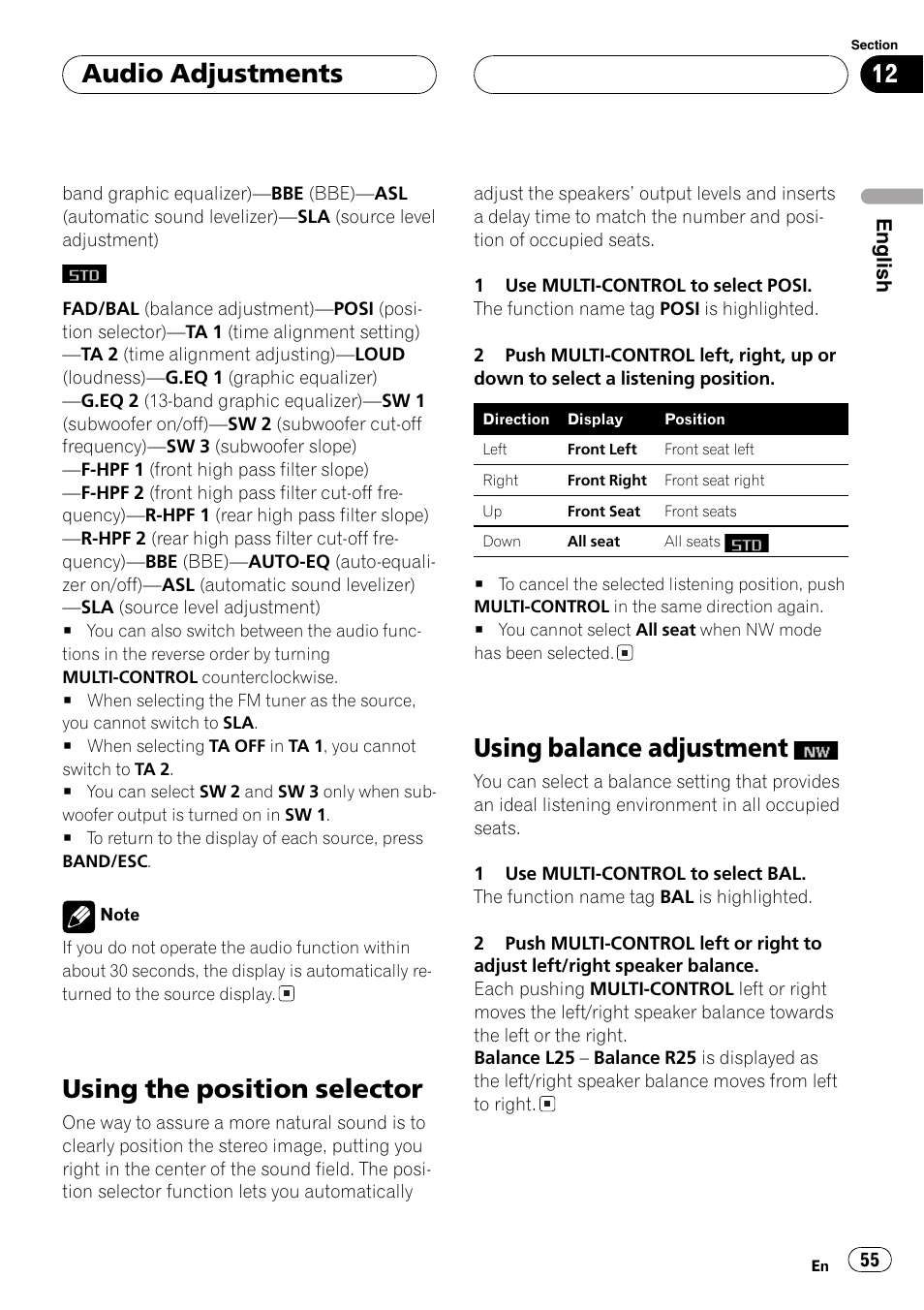 Using the position selector, Using balance adjustment, Audio adjustments | Pioneer DEH-P8600MP User Manual | Page 55 / 179