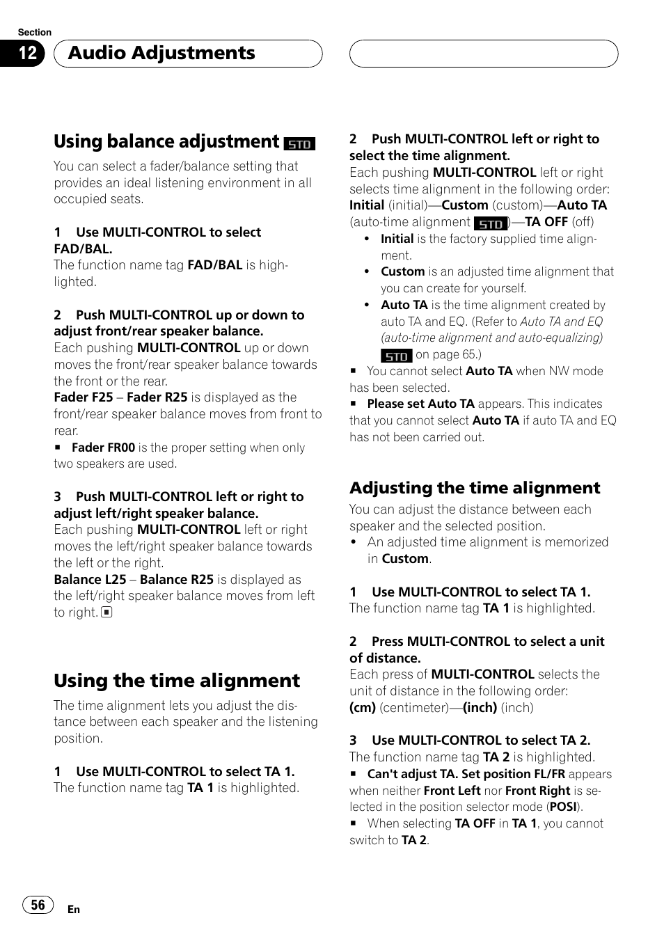 Using balance adjustment, Using the time alignment 56, Adjusting the time alignment 56 | Adjusting the time alignment, Using the time alignment, Audio adjustments | Pioneer DEH-P8600MP User Manual | Page 56 / 179