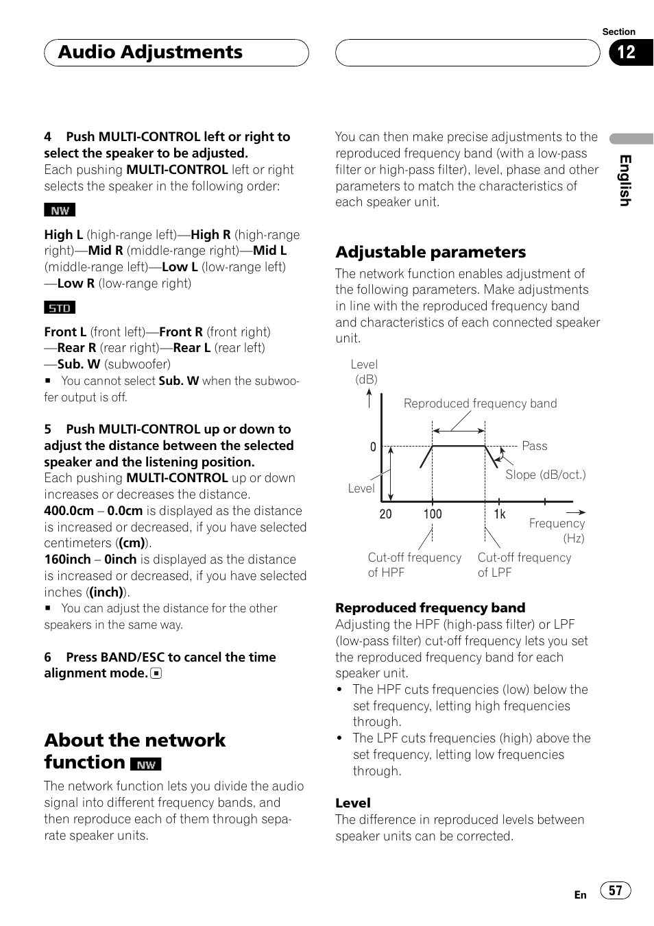 About the network function, Adjustable parameters 57, Audio adjustments | Adjustable parameters | Pioneer DEH-P8600MP User Manual | Page 57 / 179
