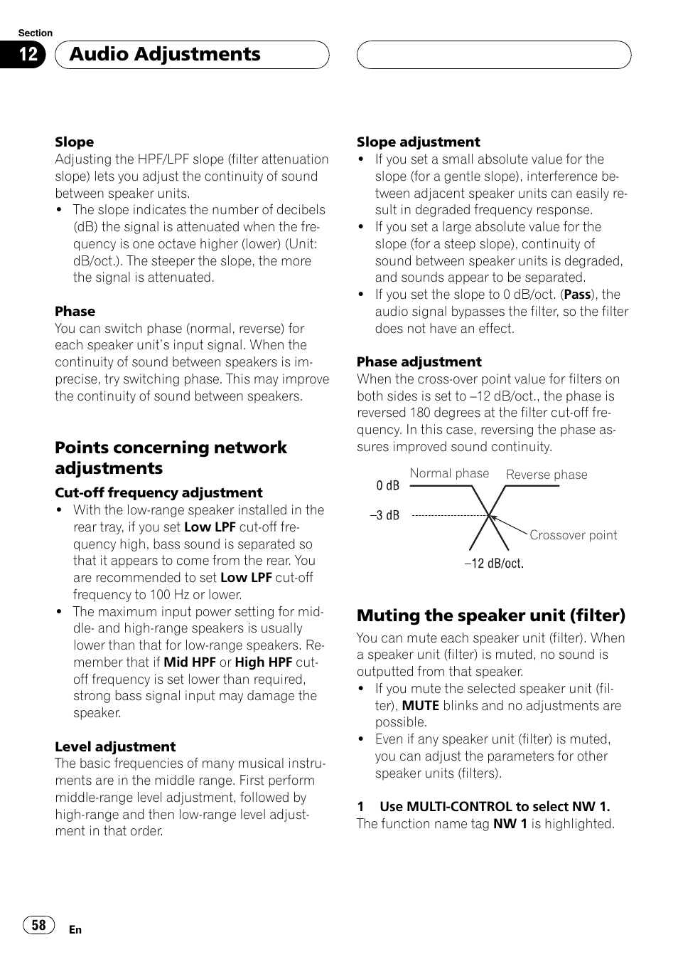 Points concerning network, Adjustments 58, Muting the speaker unit (filter) 58 | Audio adjustments, Points concerning network adjustments, Muting the speaker unit (filter) | Pioneer DEH-P8600MP User Manual | Page 58 / 179