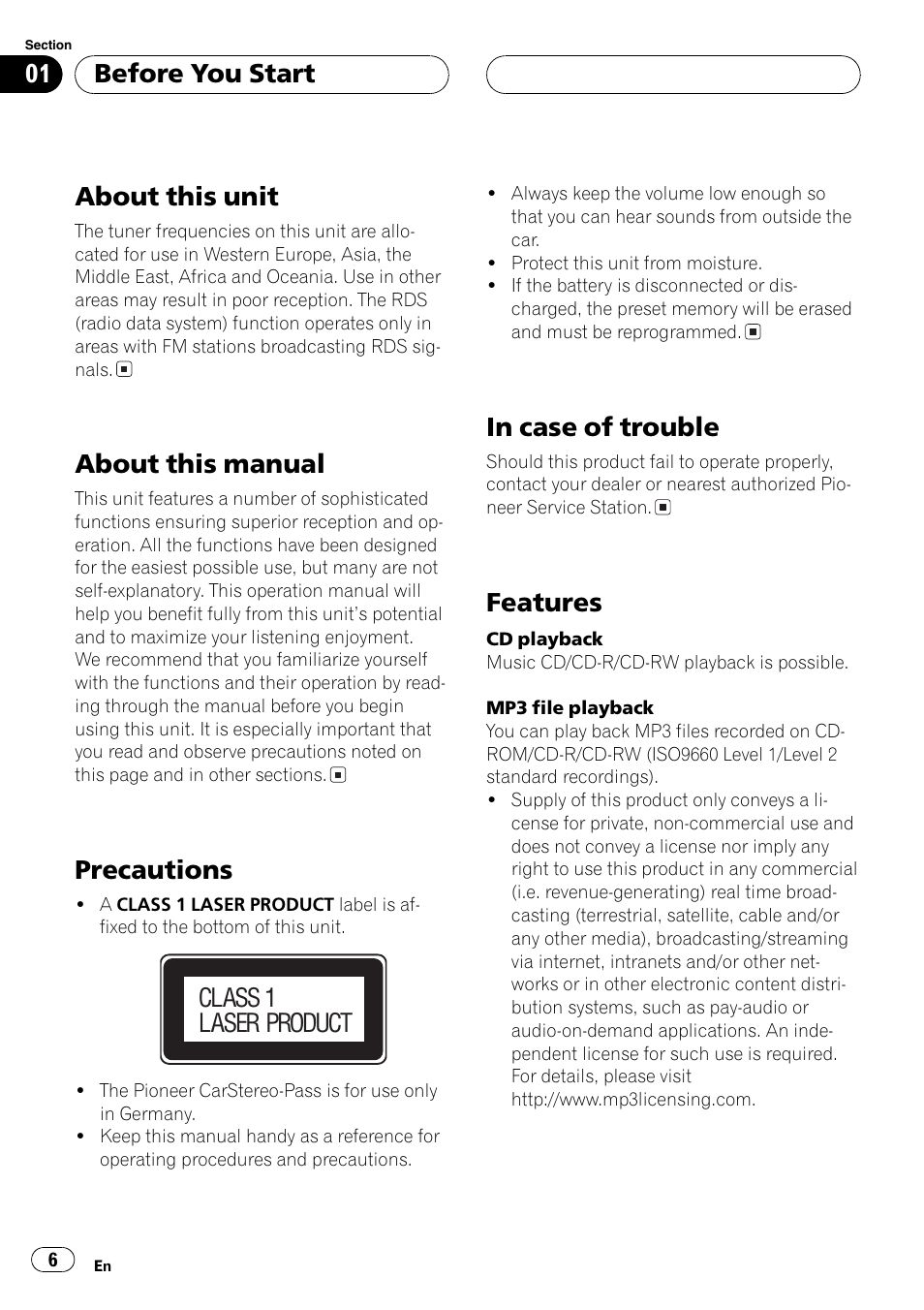 About this unit, About this manual, Precautions | Features, Before you start, Class 1 laser product | Pioneer DEH-P8600MP User Manual | Page 6 / 179