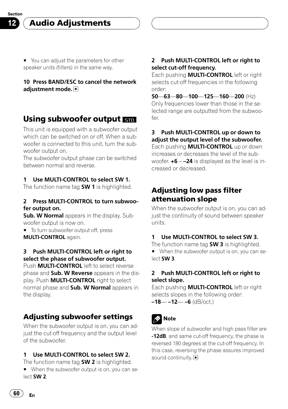 Using subwoofer output, Adjusting subwoofer settings 60, Adjusting low pass filter attenuation | Slope 60, Adjusting subwoofer settings, Adjusting low pass filter attenuation slope, Audio adjustments, Adjusting lowpass filter attenuation slope | Pioneer DEH-P8600MP User Manual | Page 60 / 179