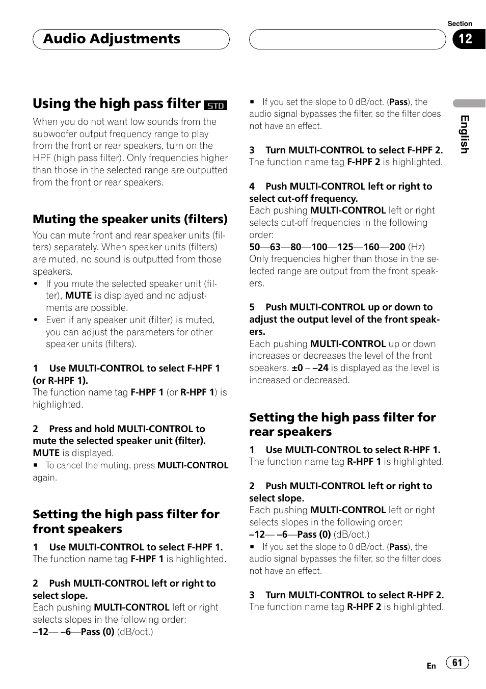 Using the high pass filter, Muting the speaker units (filters) 61, Setting the high pass filter for front | Speakers 61, Setting the high pass filter for rear, Setting the high pass filter for front speakers, Setting the high pass filter for rear speakers, Audio adjustments, Muting the speaker units (filters) | Pioneer DEH-P8600MP User Manual | Page 61 / 179